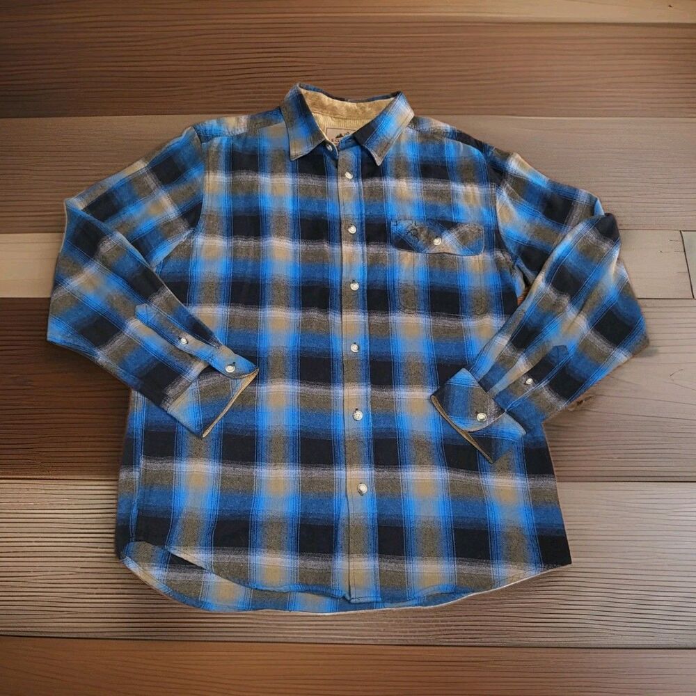 Legendary Whitetails Buck Camp Flannel Shirt Mens L Blue Plaid Corduroy Cuffs
